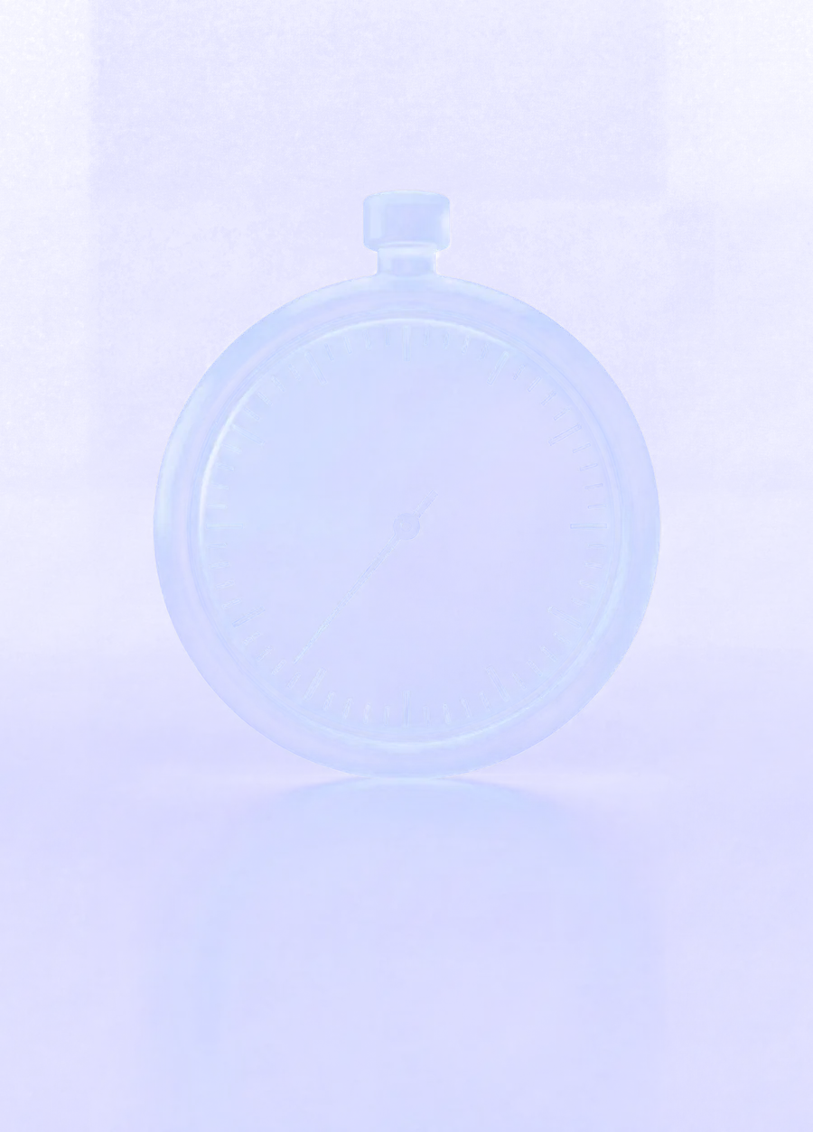 A frosted glass stopwatch, lit from inside, its hand at 38 seconds.